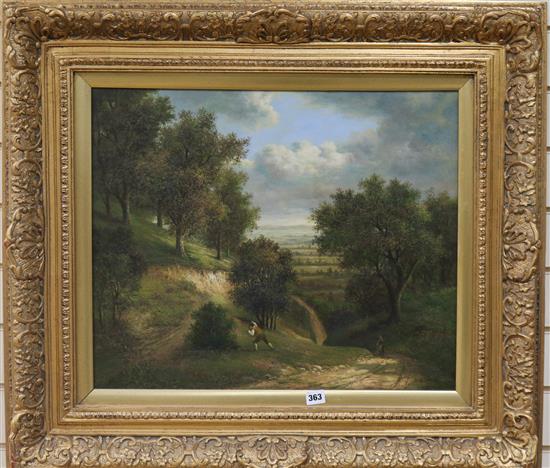 Modern, oil on canvas, Figures in a wooded landscape, 50 x 60cm